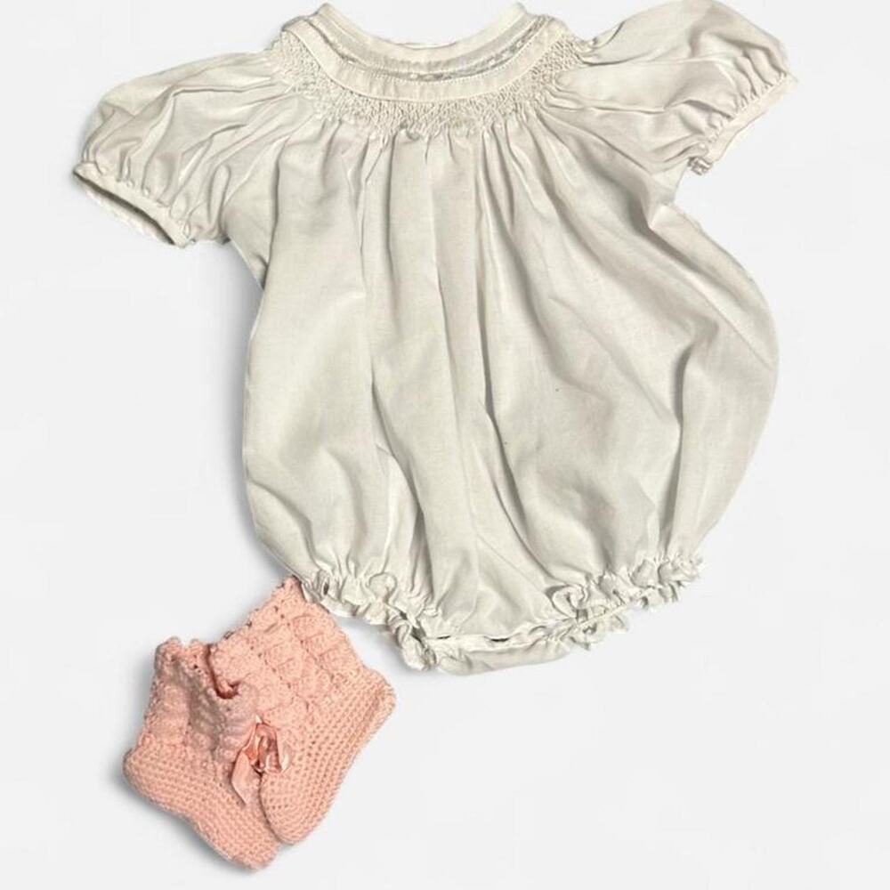 Whimsical newborn outfit w handmade crocheted slippers & smocked romper